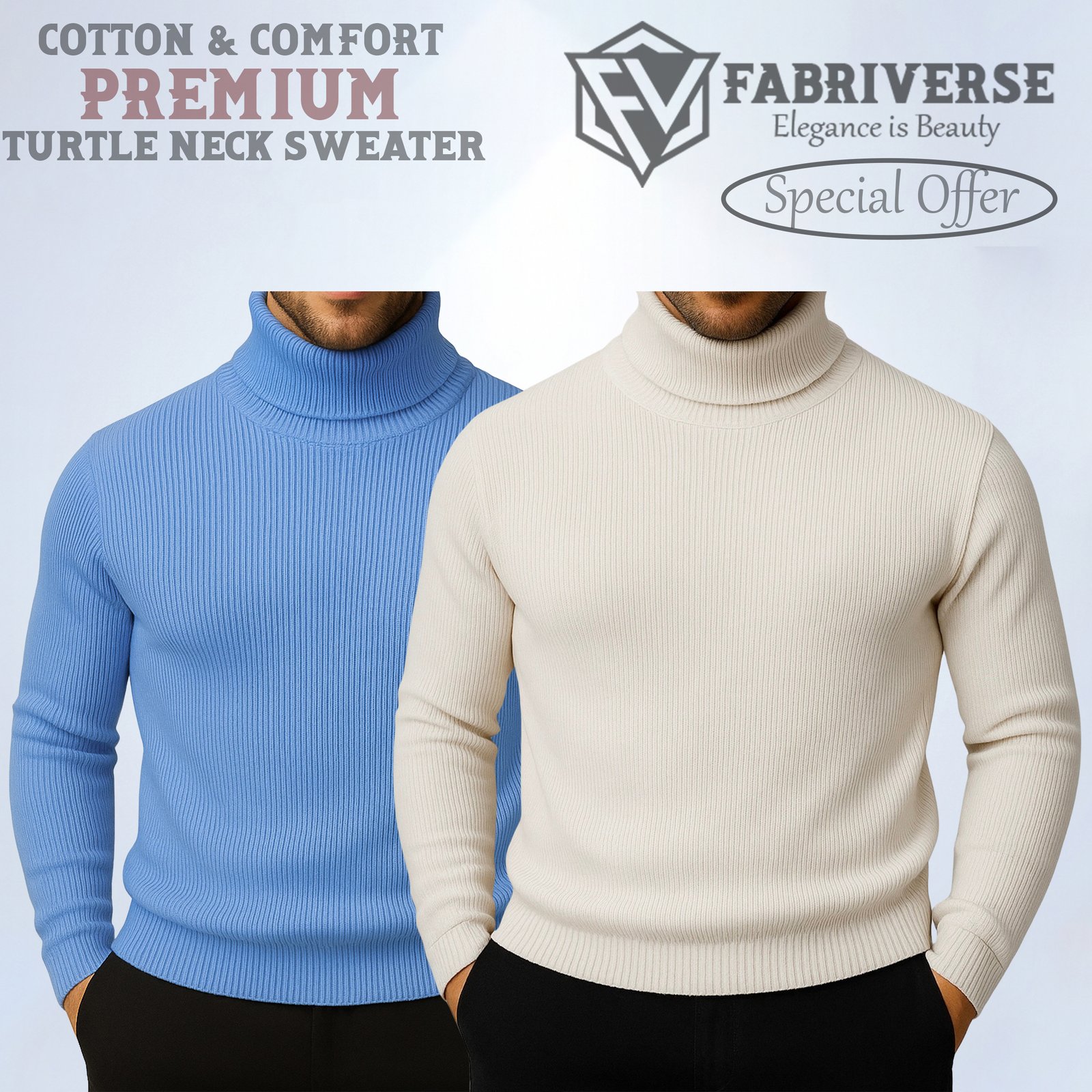 Premium Turtle Neck (Sky Blue-Cream)