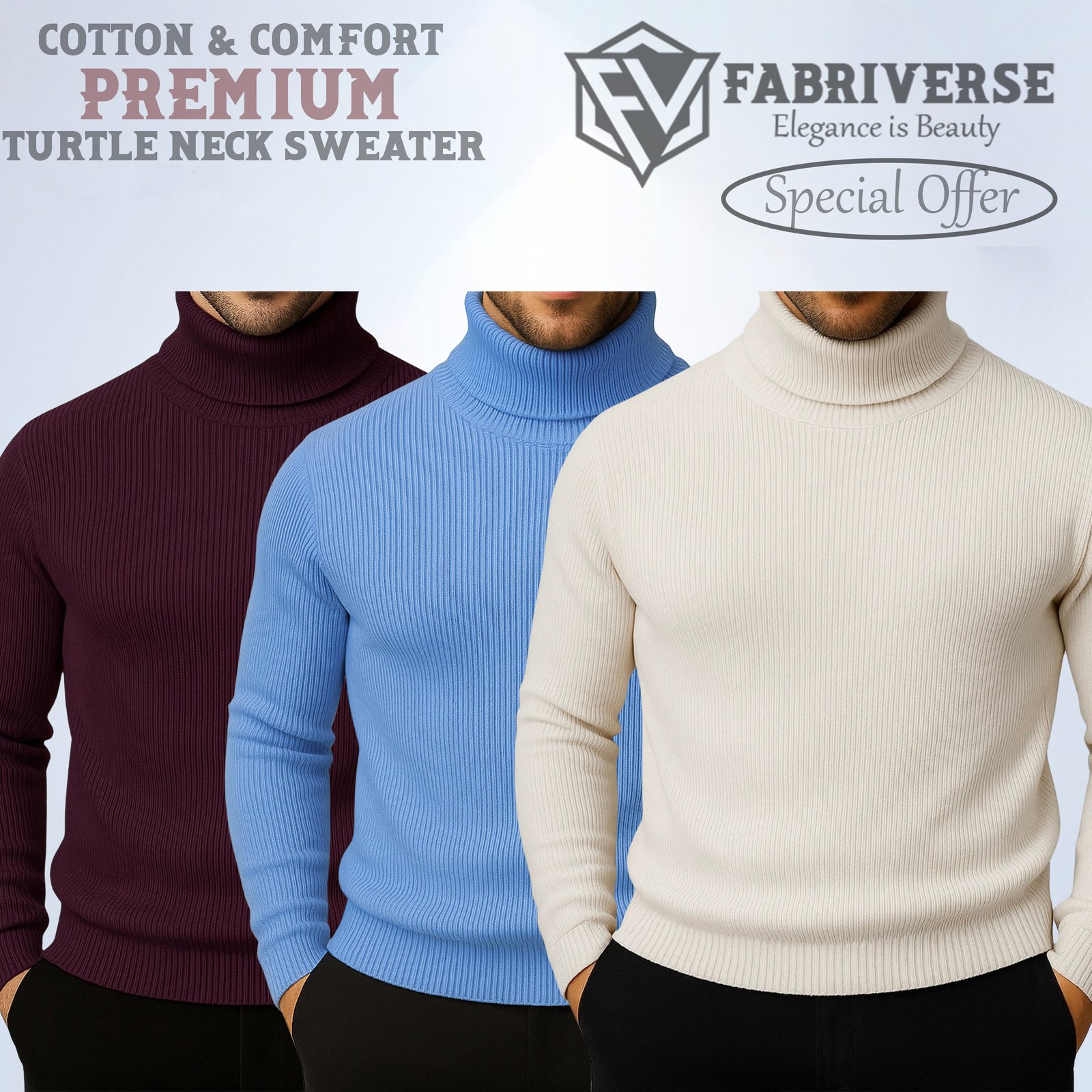 Premium Turtle Neck (Deep Wine-Sky Blue-Cream)