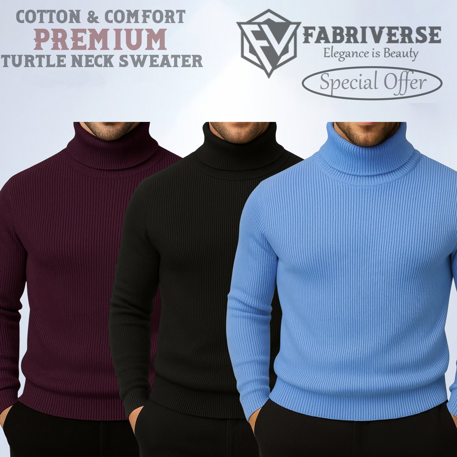 Premium Turtle Neck (Deep Wine-Black-Sky Blue)