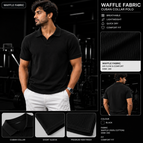 Premium Waffle Cuban Polo (Black)