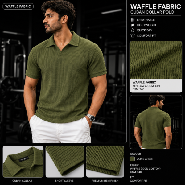 Premium Waffle Cuban Polo (Olive)