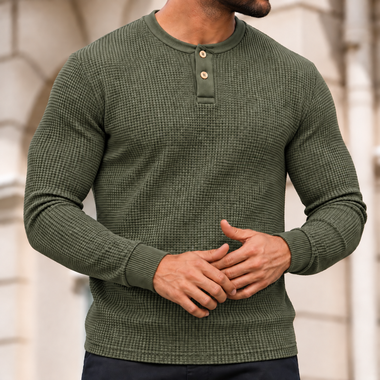 Premium Henley Full Sleeve T-Shirt (Olive)