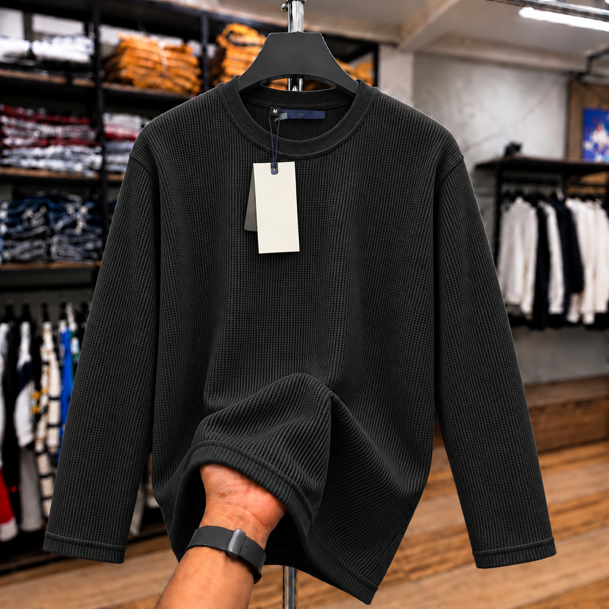 Premium Waffle Full Sleeve Tee (Black)